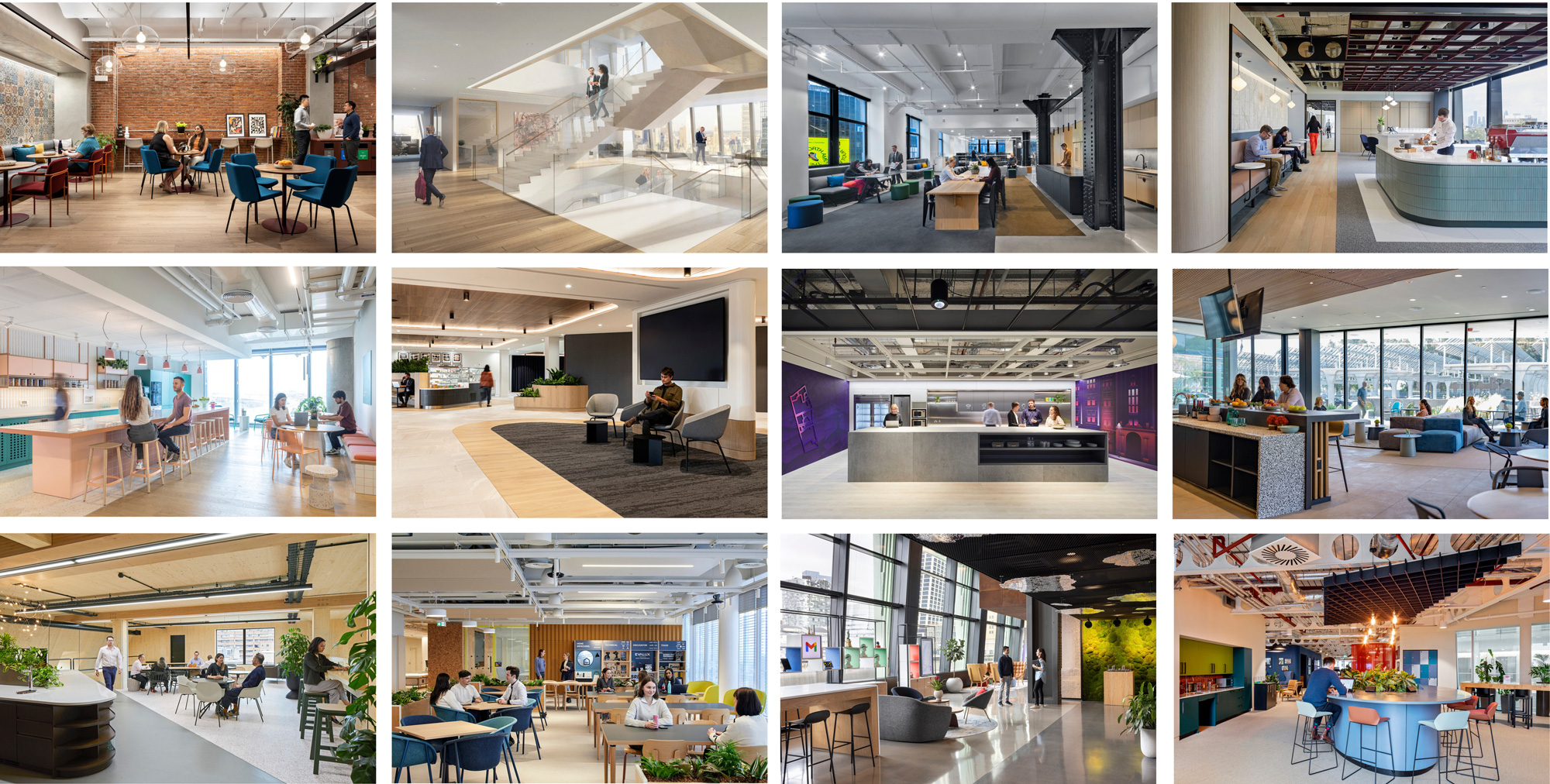 A collage of 12 different modern office interiors, showcasing diverse design styles. Each section displays unique aesthetic elements ranging from exposed brick walls and contemporary furniture to minimalist decor and sophisticated communal spaces. The offices are designed to enhance natural lighting and encourage collaborative work environments, featuring a blend of casual seating areas, formal meeting spaces, and integrated technology.