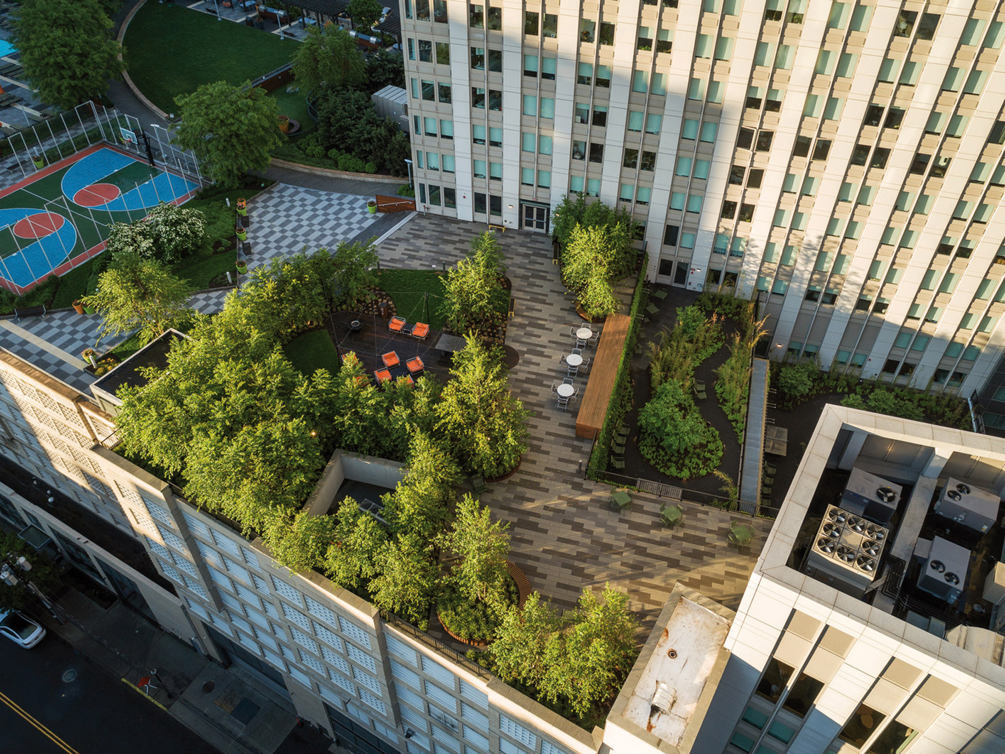Rooftop garden on an urban high-rise building, featuring organized green spaces, wooden pathways, contemporary outdoor furniture, and an adjacent basketball court, harmoniously blending leisure with cityscape.