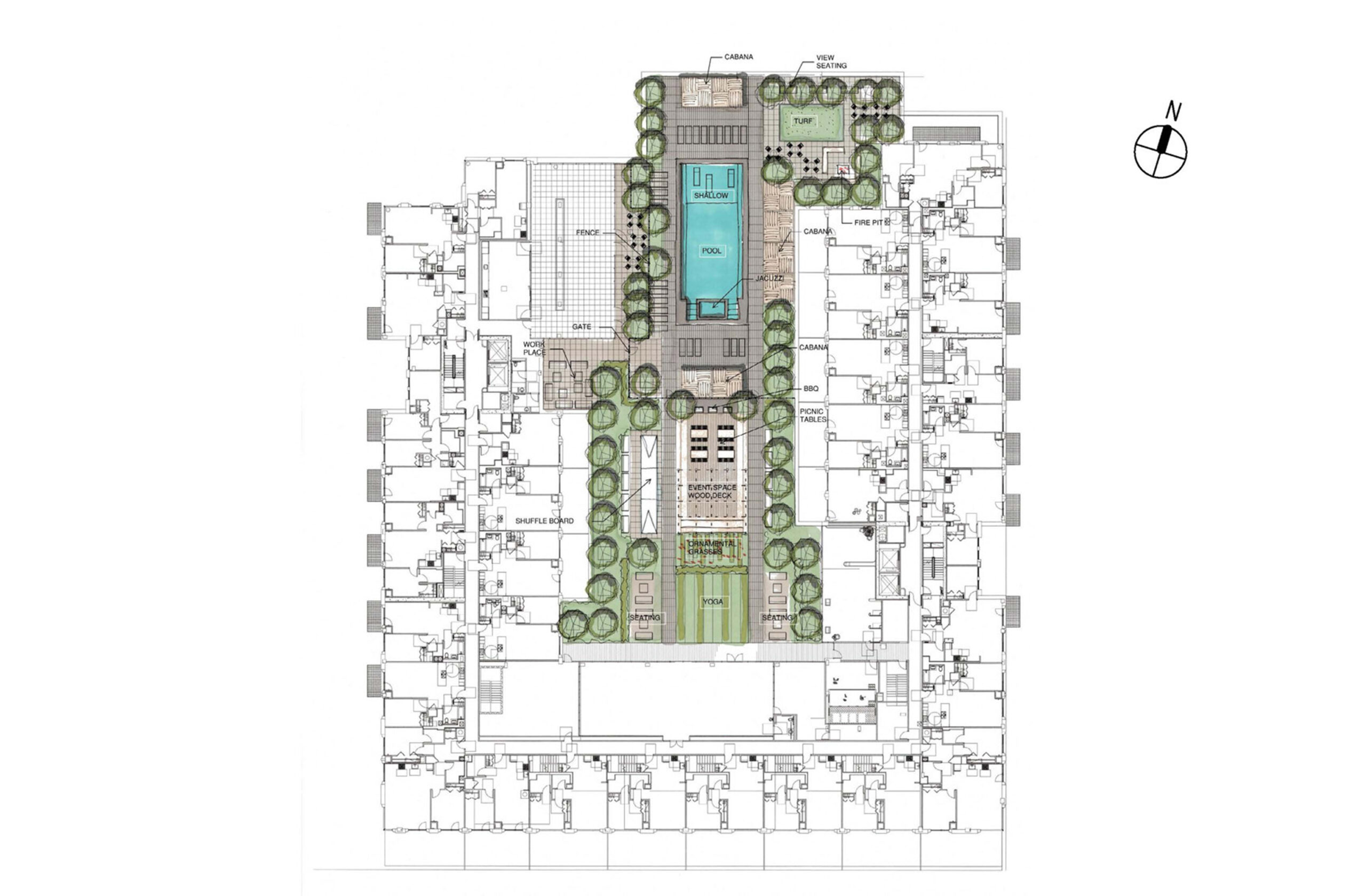 Conceptual design floor plan for a mixed-use development featuring a central pool, green spaces, and symmetrical layout of surrounding residential and commercial units. The design emphasizes balance and integration with nature.