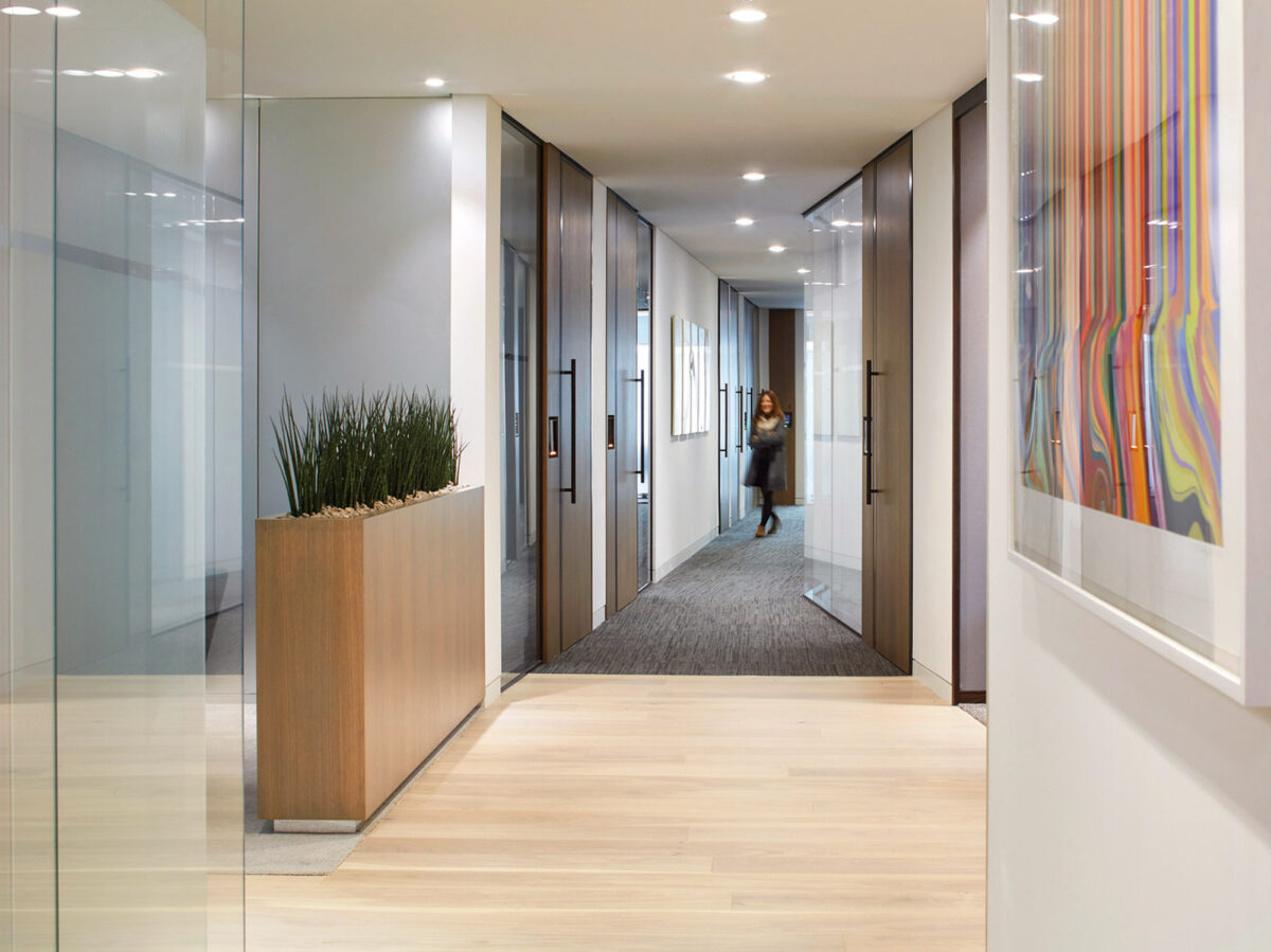Sleek modern office hallway featuring contrasting light wood flooring and gray carpet, with transparent glass partitions. A person walks by, accentuating the hallway's spacious design and dynamic lighting overhead. Vibrant artwork adds a pop of color to one wall, complemented by minimalist plant decor.
