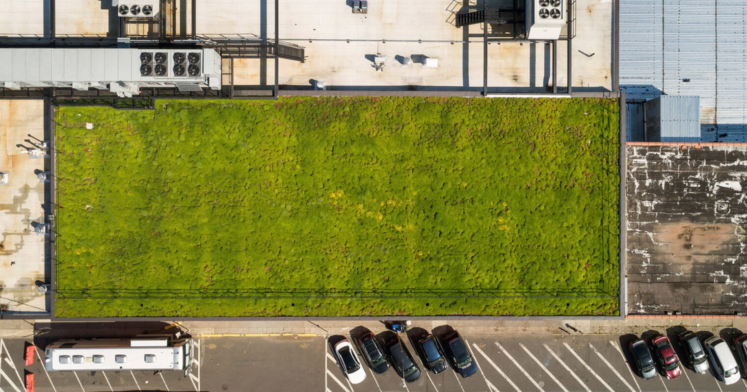 Aerial view of a parking lot adjacent to a large rooftop green space on an urban building, showcasing sustainable design integrating nature into the cityscape.