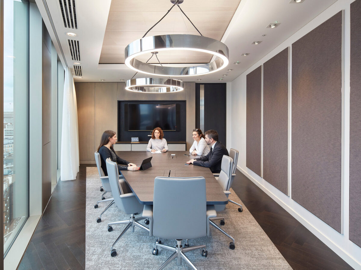 Modern corporate boardroom featuring a sleek, rectangular table with high-back chairs, an overhead circular light fixture, wall-mounted screen, and expansive city views through floor-to-ceiling windows. Neutral tones with textured wall panels provide a sophisticated backdrop.