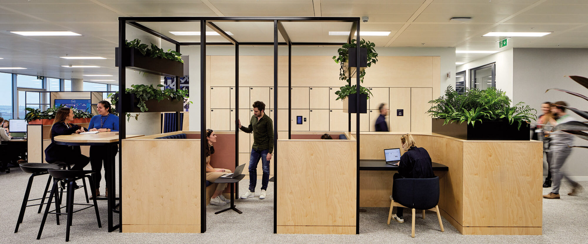 Modern open-plan office space featuring wood-toned privacy booths with integrated plant decor. Employees collaborate and focus on tasks, highlighting a balance of communal and individual work dynamics.