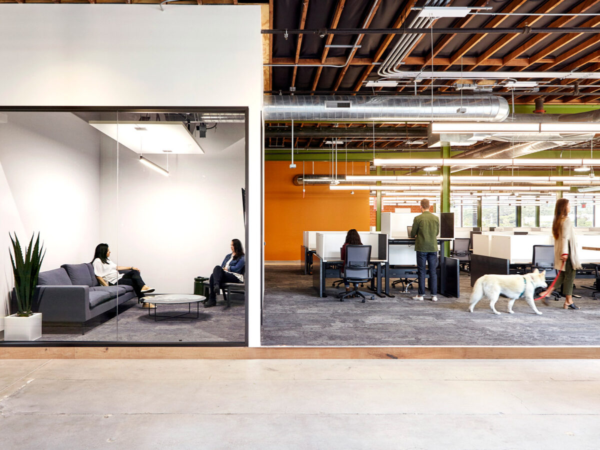 Open-concept office space with exposed ceiling beams and a mix of casual and formal work areas. Visible are a lounge with a couch and chairs, workstations with ergonomic chairs, and a person walking a dog, highlighting a pet-friendly environment.