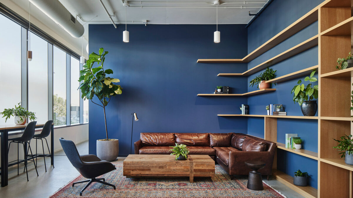 Modern office lounge area with deep blue accent wall and floating wooden shelves adorned with greenery. A classic brown leather sofa anchors the space, complemented by a patterned area rug and sleek black chair. Natural light enhances the warm wood tones and plant life.