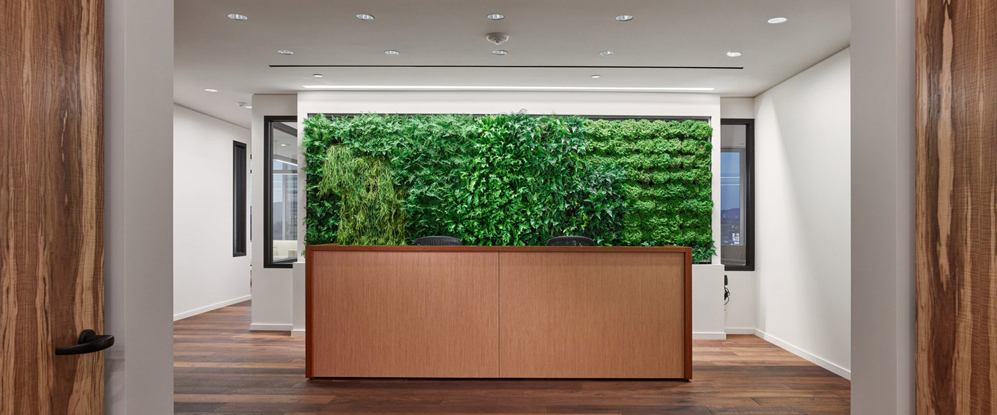 Elegantly minimalist reception area with rich walnut wood panels flanking a simple yet sophisticated wooden desk, complemented by herringbone-patterned floors and a lush green living wall that brings a vibrant, natural touch to the modern space.