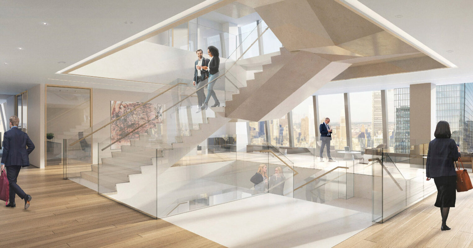Modern office foyer boasting a striking floating staircase with glass balustrades, complemented by warm wooden floors and ample natural light. Open floor plan encourages fluid movement and interaction among professionals in a contemporary setting.