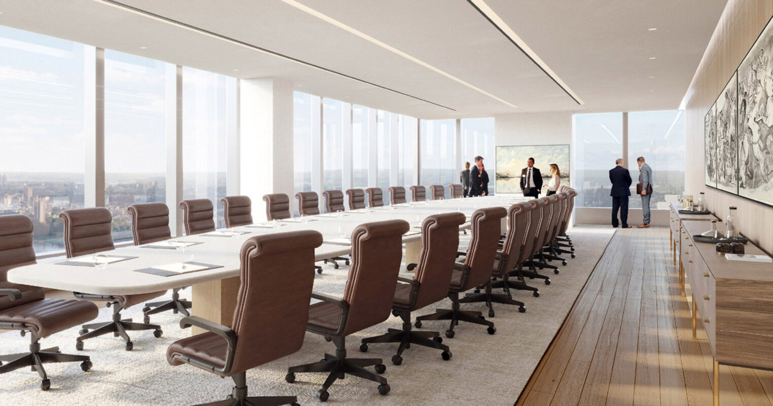 Spacious boardroom featuring floor-to-ceiling windows with panoramic city views, a long rectangular table, leather chairs, and a minimalist wood-panelled wall with integrated artwork. Natural light bathes the modern, professional space while individuals converse in the background.