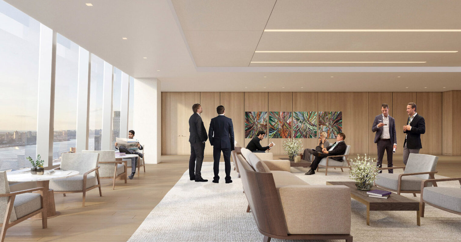 Modern office lounge featuring natural light, panoramic views. Neutral palette with wood accents creates a warm, inviting space. Contemporary furniture, strategic seating areas facilitate interaction. Art piece adds vibrant color, focal point.