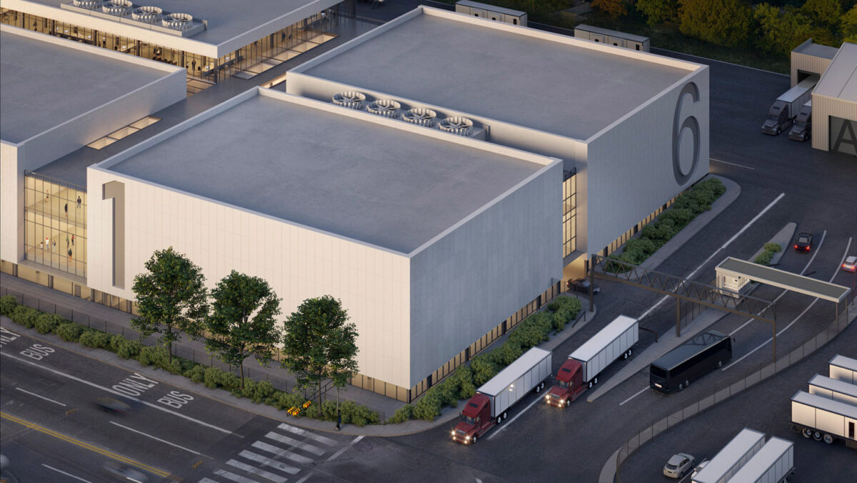 Bird's-eye view rendering of a modern industrial warehouse exterior at dusk. The flat-roofed structure features a minimalist light-gray facade with rooftop HVAC units. Adjacent loading docks accommodate several trucks, while strategically placed trees add a touch of greenery to the concrete surroundings.
