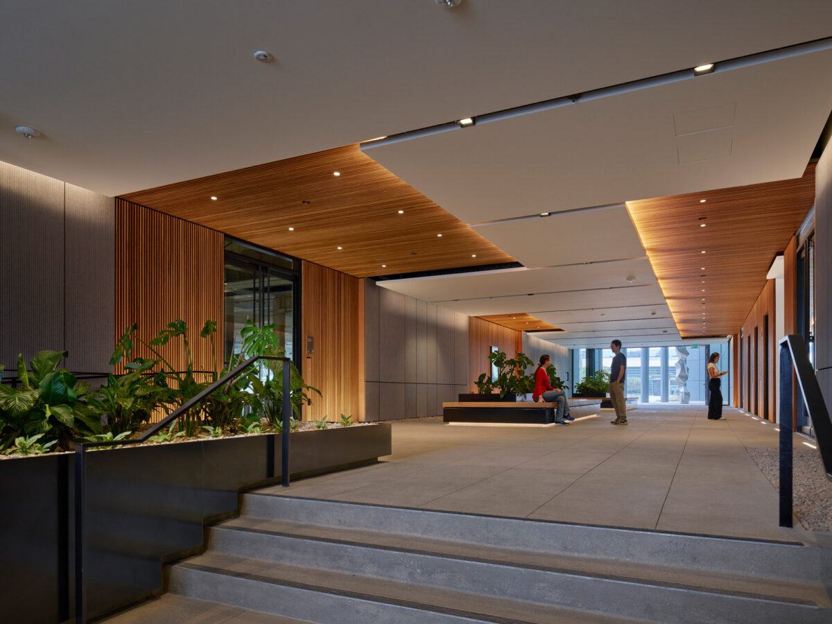 Modern office lobby with a clean design featuring natural wood paneling, softened by indoor plant installations. Low-hanging ceiling with recessed lighting complements the neutral color palette, enhancing the warm, welcoming atmosphere. Individuals engage casually in the airy, well-balanced space.
