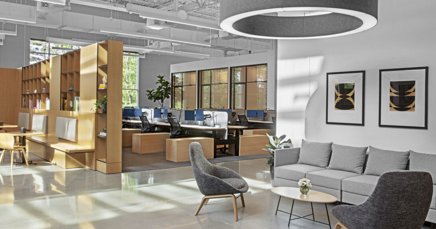 Modern office space featuring natural light; includes wooden cubicles, ergonomic chairs, a gray sectional couch, and circular overhead lighting. Two framed abstract paintings add a touch of sophistication to the clean, minimalist aesthetic.