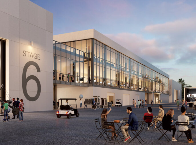 This architectural rendering showcases a modern film studio with expansive glazing. The forefront reveals a spacious plaza where people gather, hinting at a blended use of public and private spaces, with the building's clean lines and industrial materials creating a contemporary, functional aesthetic.