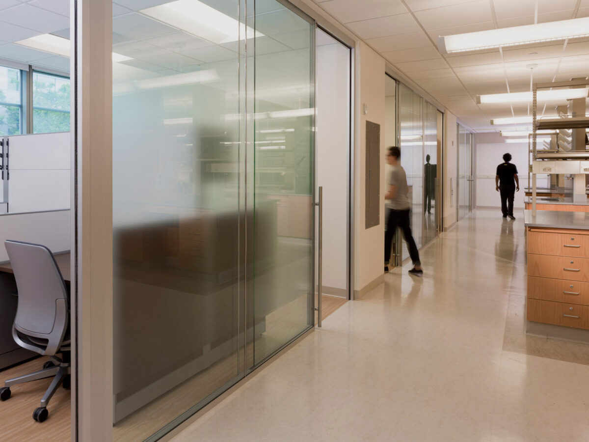 Contemporary office space featuring transparent glass walls, sleek metal frames, and a neutral color palette. The corridor is well-lit, promoting an open and collaborative environment.