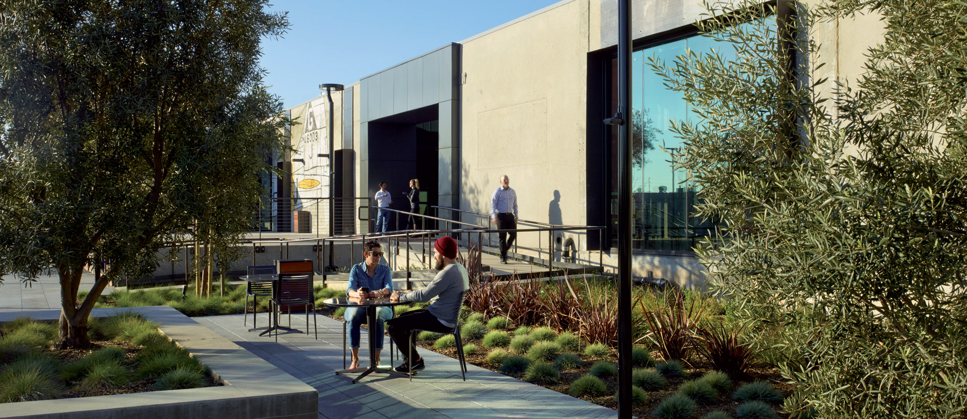 Modern corporate terrace with landscaped garden, featuring drought-resistant plants and a minimalist concrete bench. Employees engage in a casual meeting, showcasing the space's functionality and integration with nature for worker wellbeing.