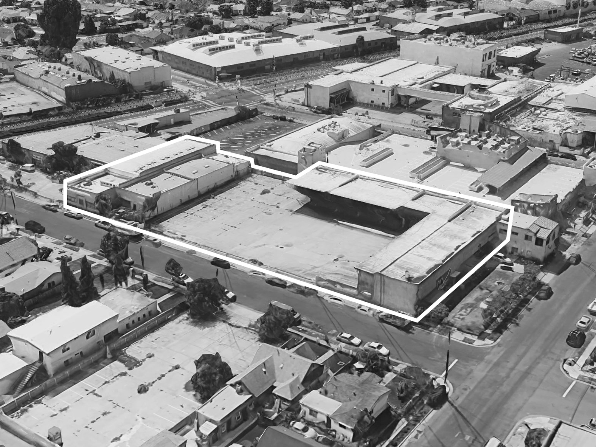 Aerial view of a former factory in Los Angeles, California.