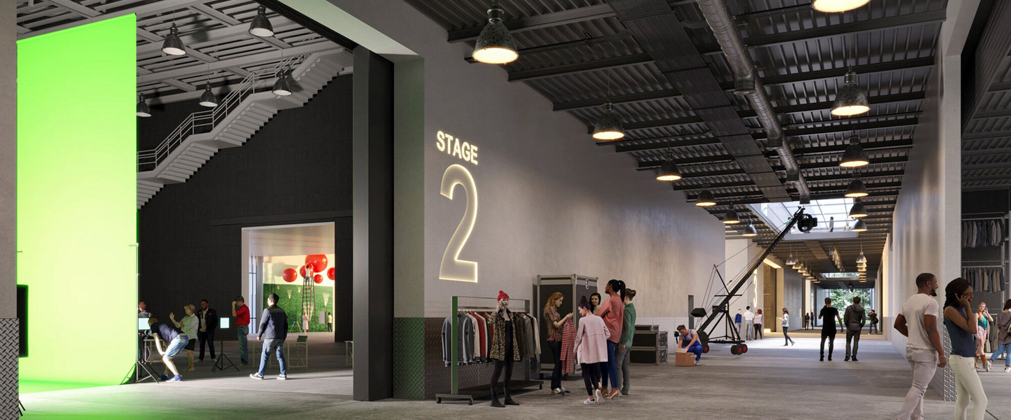 Modern industrial-style open space rendering featuring high ceilings with exposed ductwork, polished concrete floors, and a prominent green accent wall. Activity bustles among seating areas and art installations, underlined by sleek track lighting.