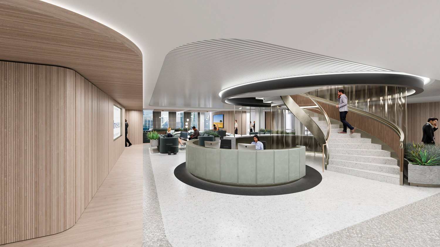 Modern office lobby rendering with a sweeping spiral staircase as its centerpiece. Wood-paneled curved walls contrast with the textured gray ceiling. Sleek seating areas with occupants are arranged under soft lighting, creating a welcoming atmosphere. Green plants add a touch of natural warmth.