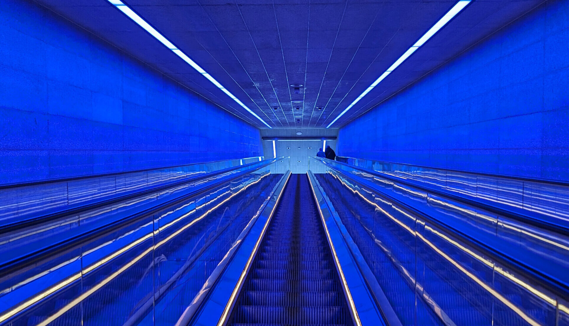 Escalator with royal blue interiors throughout.