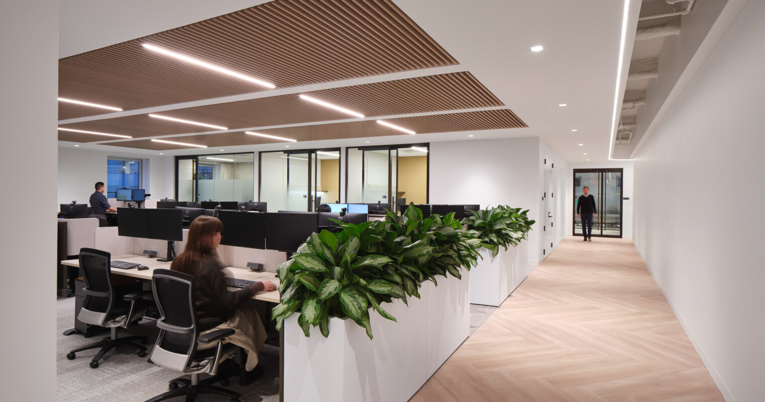 Modern office interior showcasing an open layout with sleek, dark workstations flanked by vibrant greenery. The ceiling features a wooden slatted design, enhancing acoustics while providing visual warmth. Natural light floods in through large windows, creating an inviting and productive workspace. Collaborative areas are seamlessly integrated into the design.